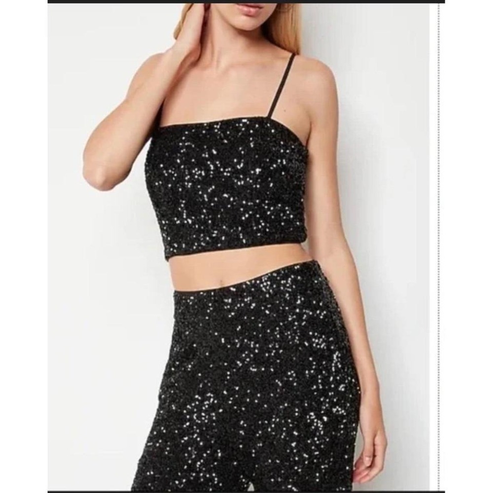 Womens Express Sequin Crop Black Tank Top